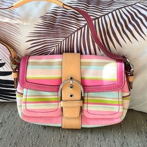 COACH Hampton Pastel Stripe Leather Buckle Shoulder Bag